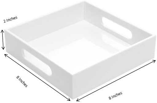 White Sturdy Acrylic Tray with Handles-8x8 Inch- Countertop Organizer Tray for Kitchen,Bathroom,Office- Storage Box for Cosmetics, Jewelry,Toiletries,Toy,Gadgets