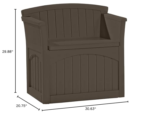 Suncast 31 Gallon Outdoor Backyard Garden Patio Seat Storage and Bench Chair with Arm Rest, Java