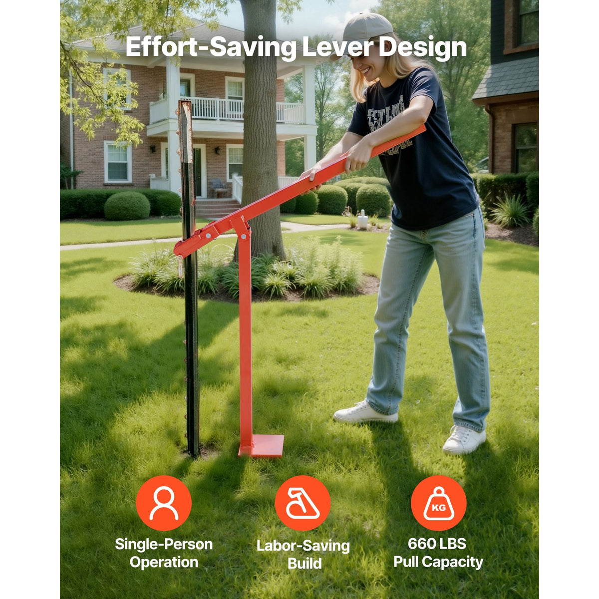 32 in T Post Puller, Heavy Duty Fence Post Puller with 43 in Lifting Chain, Rust-Resistant Steel, Labor-Saving T-Post Remover Tool for Round Fence Posts, Sign Posts & Tree Stumps