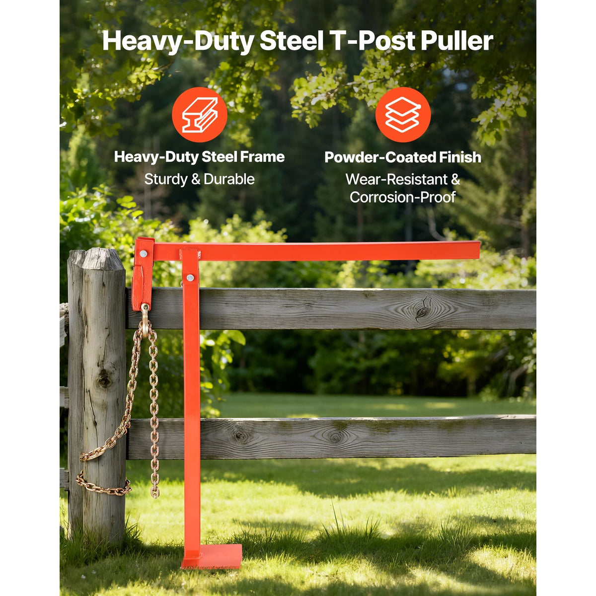 32 in T Post Puller, Heavy Duty Fence Post Puller with 43 in Lifting Chain, Rust-Resistant Steel, Labor-Saving T-Post Remover Tool for Round Fence Posts, Sign Posts & Tree Stumps