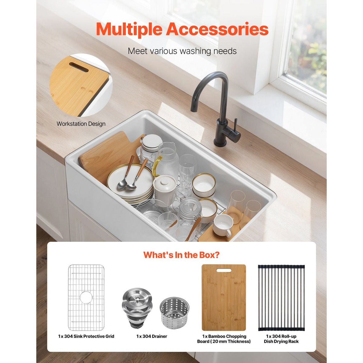 32.5x20 inch Farmhouse Sink, White Sink Workstation, Fireclay Undermount Basins, Apron Front Single Bowl Basin with Multiple Accessories, Large Capacity Household Dishwasher Sinks for Kitchen