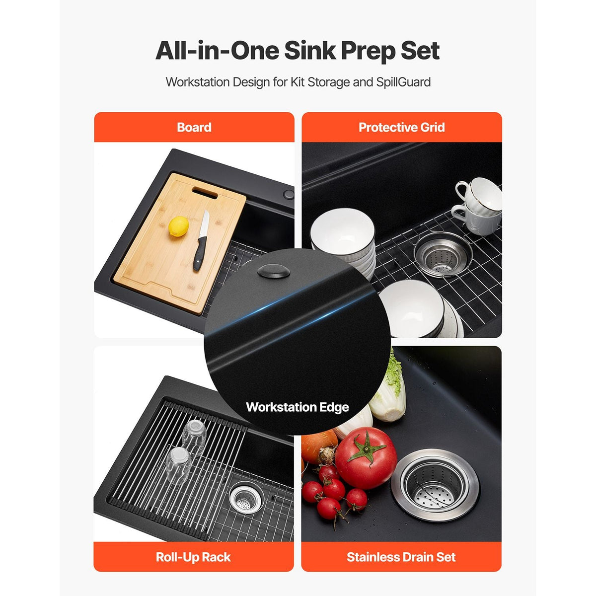 33 inch Kitchen Sink Workstation, Top Mount Granite Sinks, Drop-In Single Bowl Farmhouse Basin with Multiple Accessories, Household Dishwasher Sink for RV, Prep Kitchen, and Bar (Black)