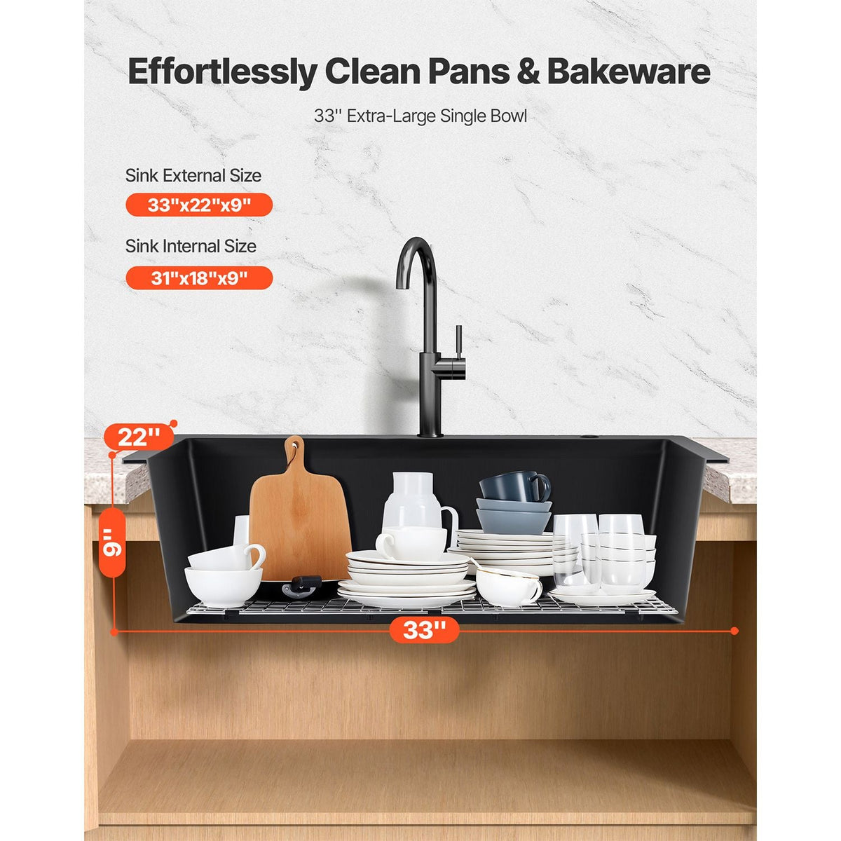 33 inch Kitchen Sink Workstation, Top Mount Granite Sinks, Drop-In Single Bowl Farmhouse Basin with Multiple Accessories, Household Dishwasher Sinks for RV, Prep Kitchen, and Bar (Black)