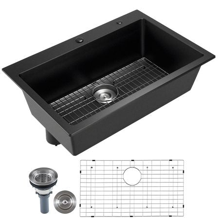 33 inch Kitchen Sink Workstation, Top Mount Granite Sinks, Drop-In Single Bowl Farmhouse Basin with Multiple Accessories, Household Dishwasher Sinks for RV, Prep Kitchen, and Bar (Black)