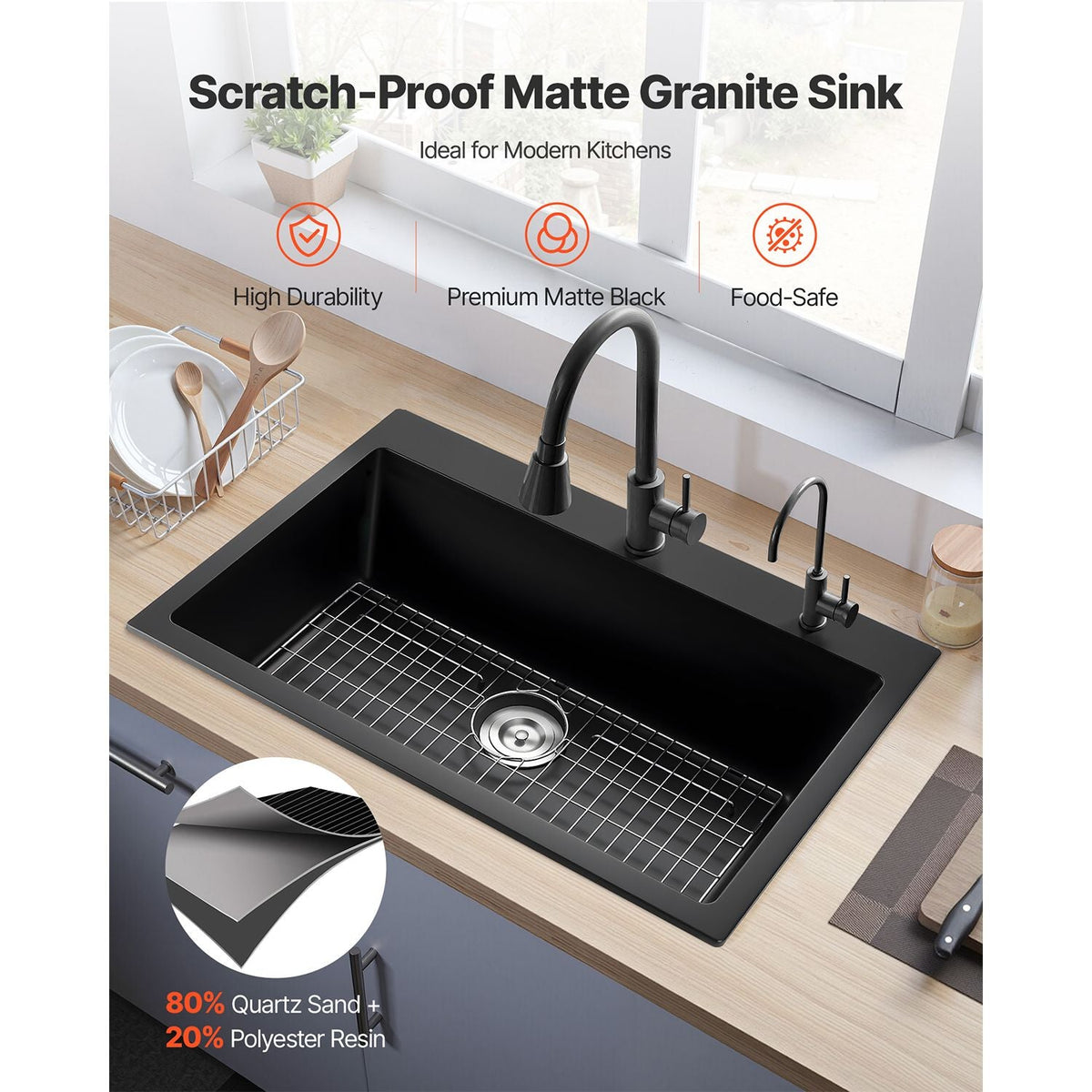 33 inch Kitchen Sink Workstation, Top Mount Granite Sinks, Drop-In Single Bowl Farmhouse Basin with Multiple Accessories, Household Dishwasher Sinks for RV, Prep Kitchen, and Bar (Black)