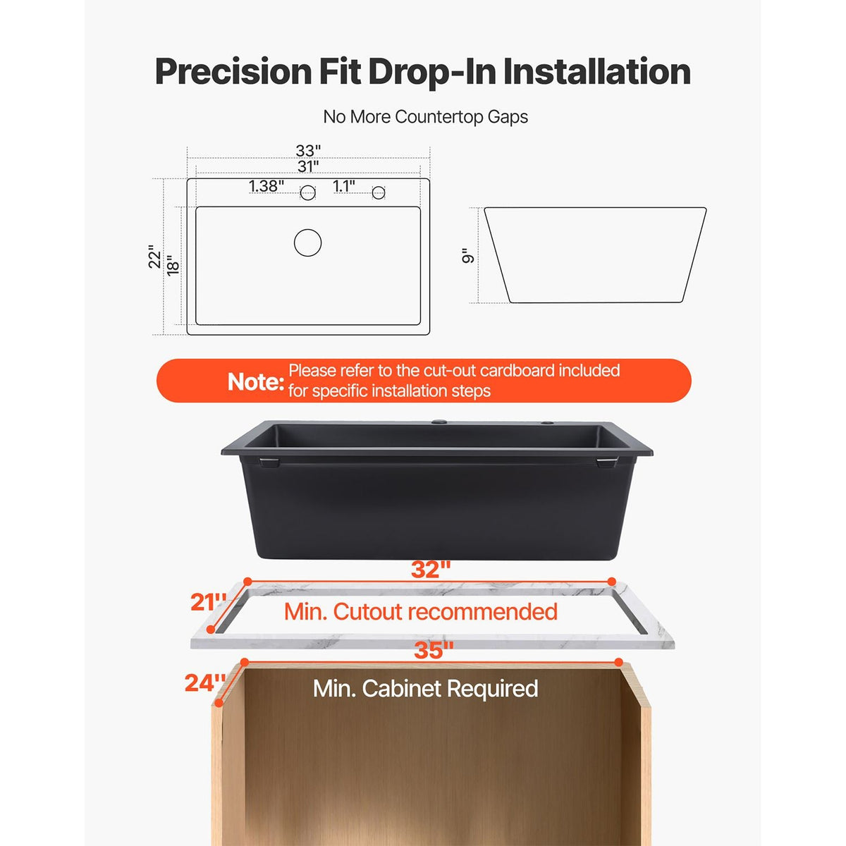 33 inch Kitchen Sink Workstation, Top Mount Granite Sinks, Drop-In Single Bowl Farmhouse Basin with Multiple Accessories, Household Dishwasher Sinks for RV, Prep Kitchen, and Bar (Black)
