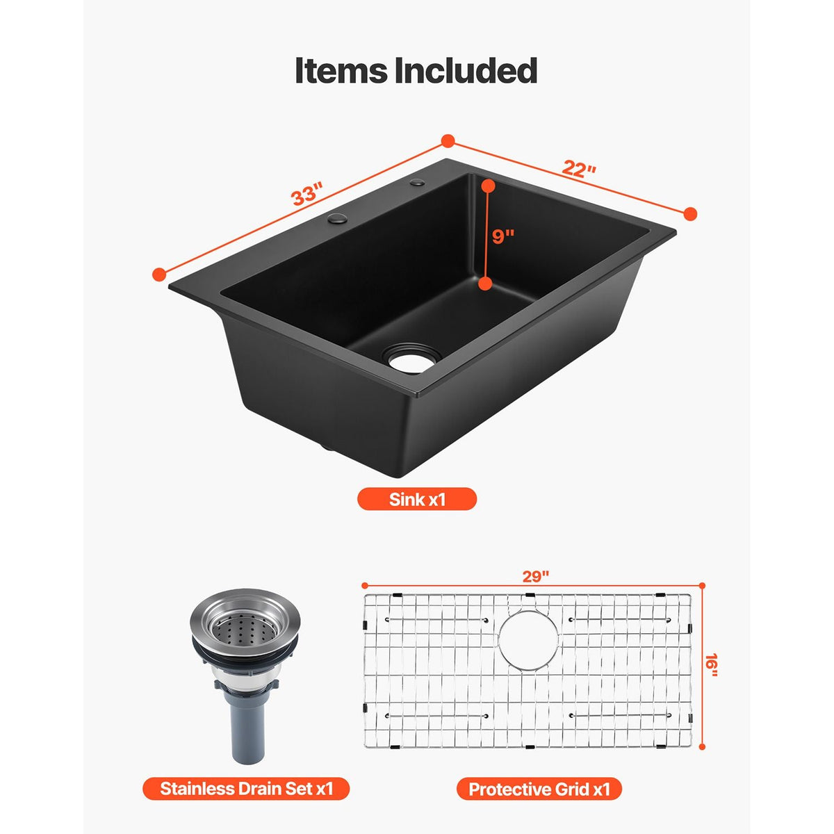 33 inch Kitchen Sink Workstation, Top Mount Granite Sinks, Drop-In Single Bowl Farmhouse Basin with Multiple Accessories, Household Dishwasher Sinks for RV, Prep Kitchen, and Bar (Black)