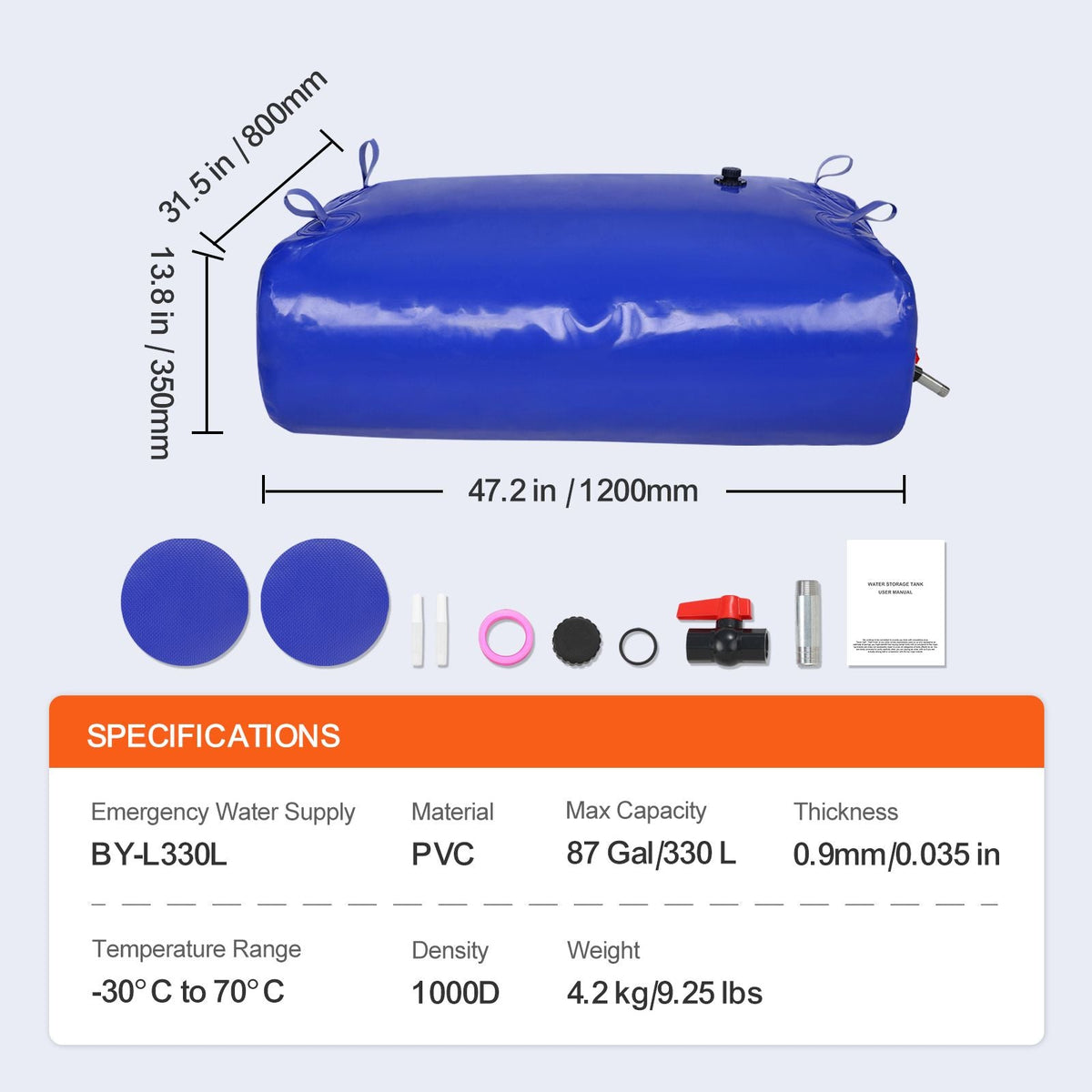 330L/87 Gallon Water Storage Bladder, RV Water Tank, 1000D Blue PVC Collapsible Water Storage Containers, Large Capacity Soft Water Bag, Portable Water Bladder, Fire Prevention, Camping