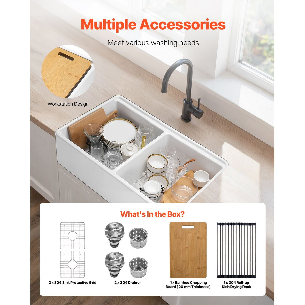 33x20 inch Farmhouse Sink, White Sink Workstation, Fireclay Undermount Basins, Apron Front Double Bowl Basin with Multiple Accessories, Large Capacity Household Dishwasher Sinks for Kitchen