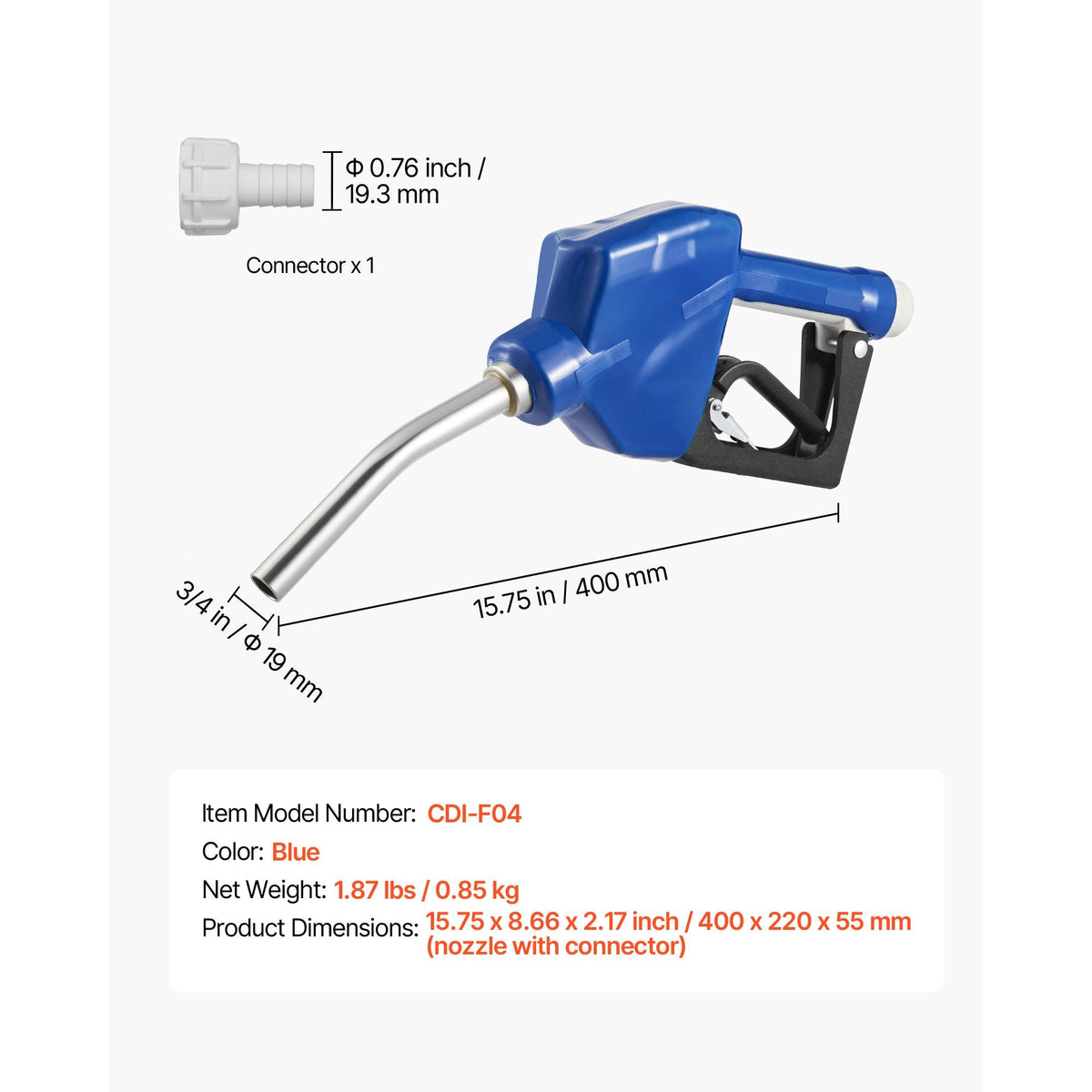 3/4-Inch Barb Diesel Exhaust Fluid Nozzle, Max Flow Rate 11.6 GPM, Auto Shut Off Dispenser Nozzle with 3-Speed Trigger Lock & 3/4-Inch (OD=19 mm) Spout, Used for Urea, Industrial Fluids, Blue