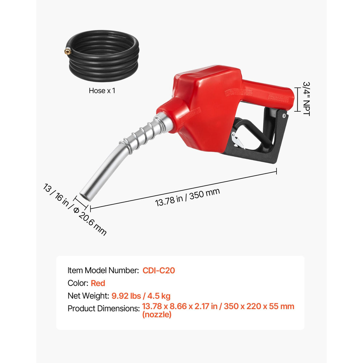 3/4-Inch NPT Automatic Fuel Nozzle, Max Flow Rate 11.8 GPM, Auto Shut Off Diesel Gas Pump Nozzle with 3-Speed Trigger Lock & 13/16-Inch (OD=20 mm) Spout for Gasoline, Diesel, Kerosene, Red