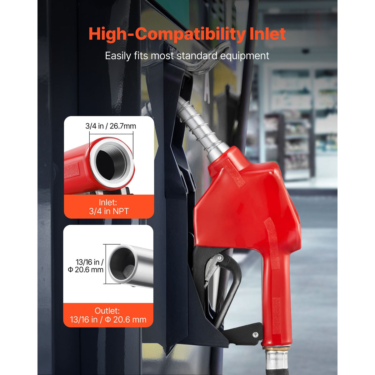 3/4-Inch NPT Automatic Fuel Nozzle, Max Flow Rate 11.8 GPM, Auto Shut Off Diesel Gas Pump Nozzle with 3-Speed Trigger Lock & 13/16-Inch (OD=20 mm) Spout for Gasoline, Diesel, Kerosene, Red