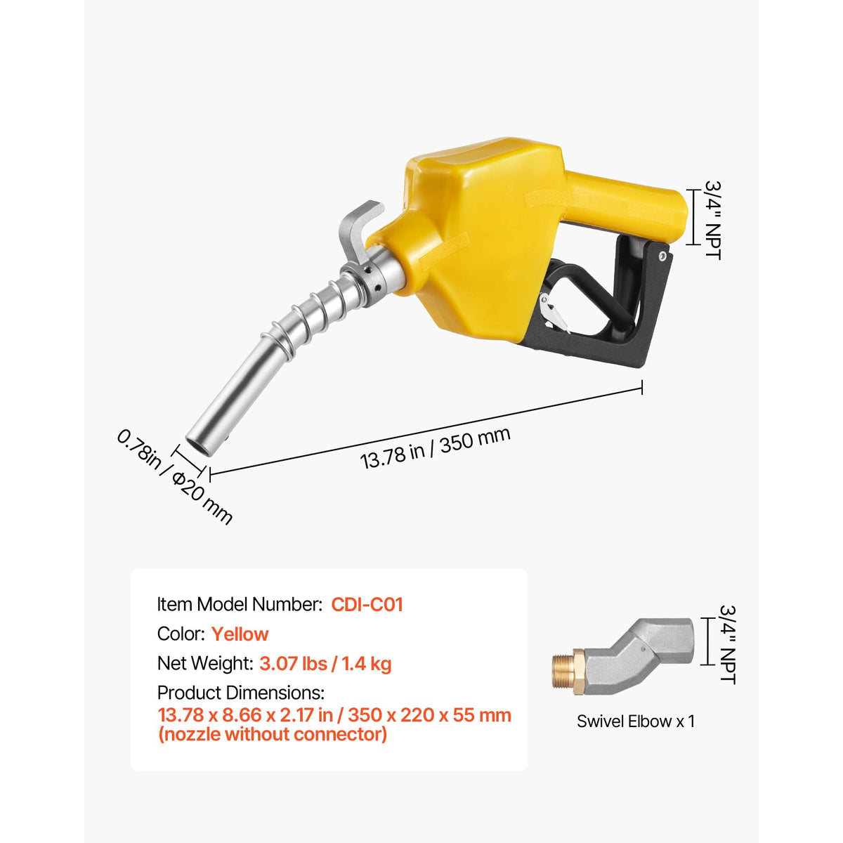 3/4-Inch NPT Automatic Fuel Nozzle with Swivel, Max Flow Rate 11.8 GPM, Auto Shut Off Diesel Gas Pump Nozzle with 3-Speed Trigger Lock & 0.78 in (OD=20 mm) Spout for Gasoline, Diesel, Kerosene