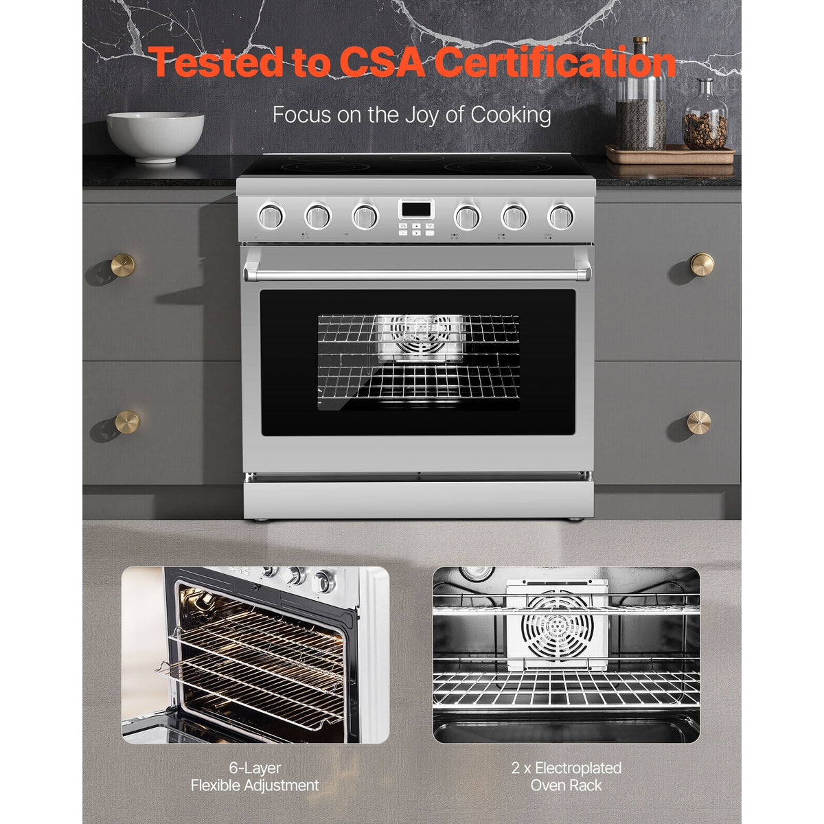 36 in Electric Range Oven, 6.0 Cu. Ft. Capacity Compact Freestanding Oven, Stainless Steel Kitchen Stove, with 5 Burners, Digital Screen Button Control, Easy Reach Racks for RV(No Power Cord)