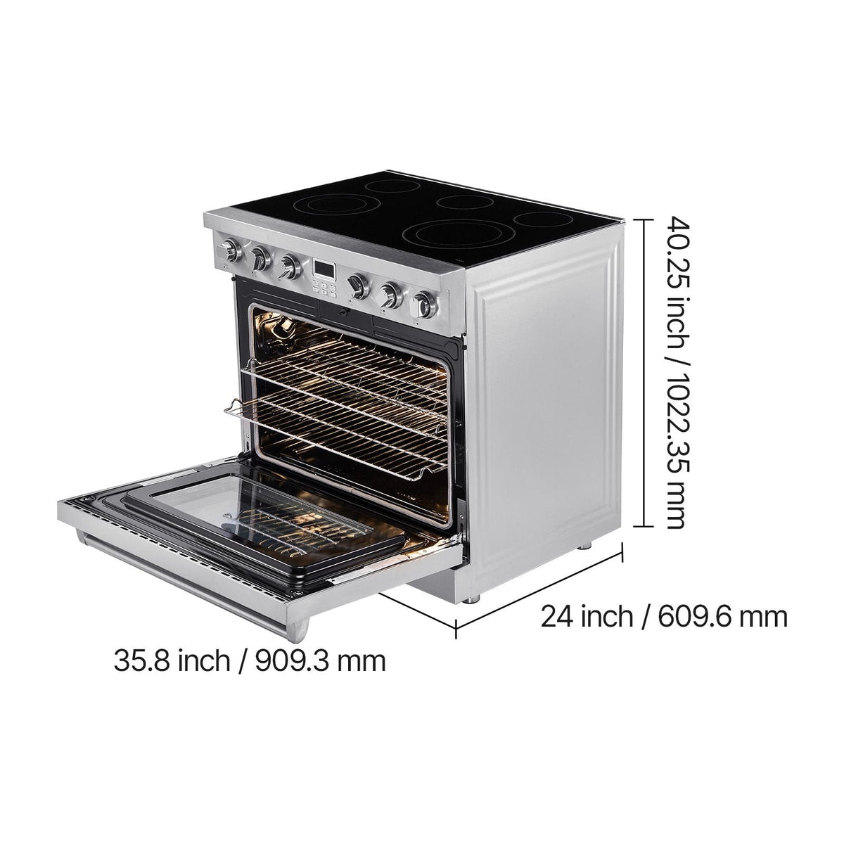 36 in Electric Range Oven, 6.0 Cu. Ft. Capacity Compact Freestanding Oven, Stainless Steel Kitchen Stove, with 5 Burners, Digital Screen Button Control, Easy Reach Racks for RV(No Power Cord)