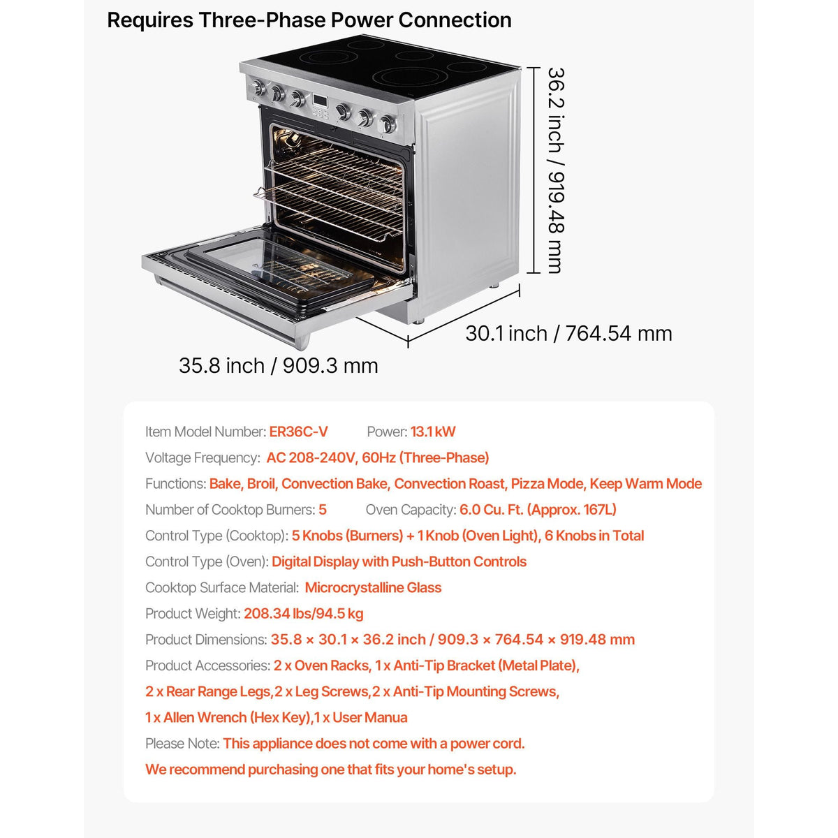 36 in Electric Range Oven, 6.0 Cu. Ft. Capacity Compact Freestanding Oven, Stainless Steel Kitchen Stove, with 5 Burners, Digital Screen Button Control, Easy Reach Racks for RV(No Power Cord)