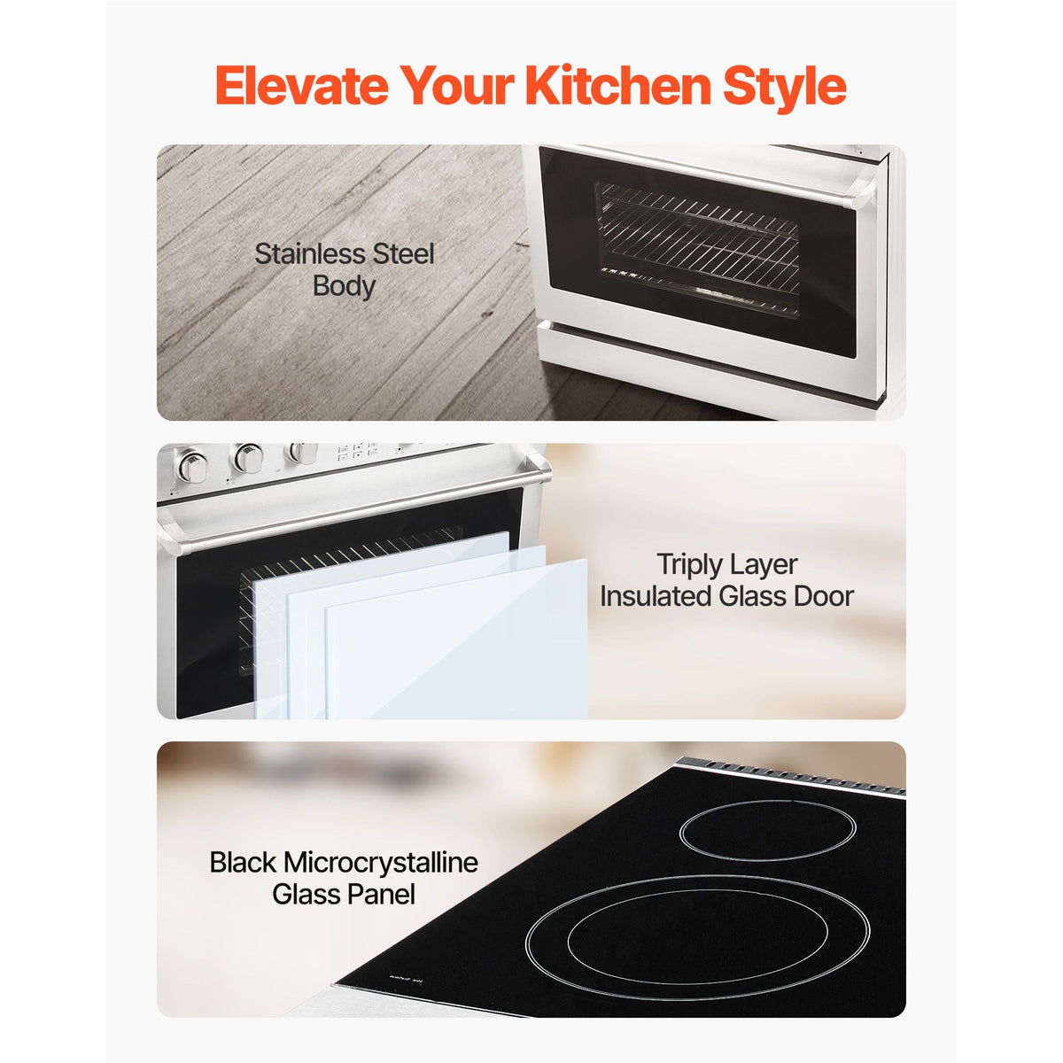 36 in Electric Range Oven, 6.0 Cu. Ft. Capacity Compact Freestanding Oven, Stainless Steel Kitchen Stove, with 5 Burners, Digital Screen Button Control, Easy Reach Racks for RV(No Power Cord)