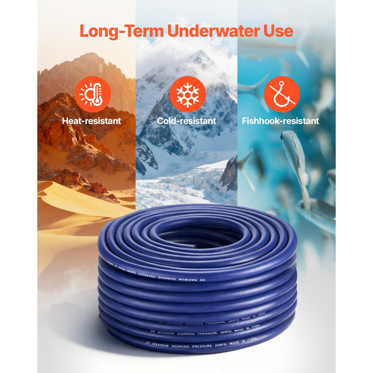 3/8 in Self Sinking Aeration Hose, 100 Ft Long Weighted Pond Aerator Hose Kit, Heavy Duty Rubber Pond Aeration Tubing, Flexible Airline for Lake Water Garden Aerators & Diffusers