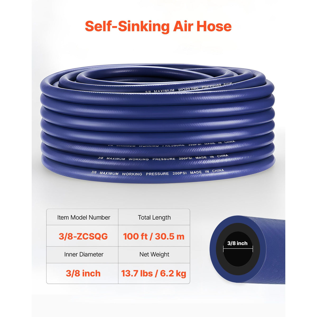 3/8 in Self Sinking Aeration Hose, 100 Ft Long Weighted Pond Aerator Hose Kit, Heavy Duty Rubber Pond Aeration Tubing, Flexible Airline for Lake Water Garden Aerators & Diffusers