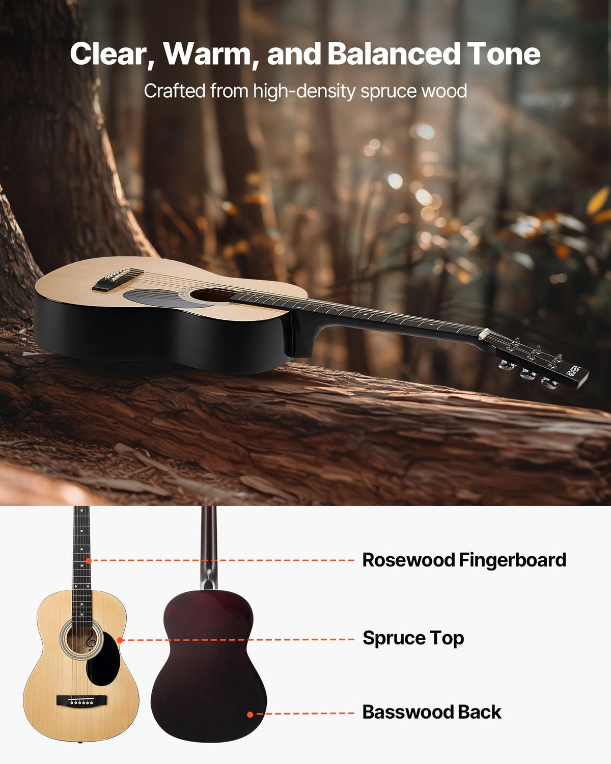 39 in Dreadnought Acoustic Guitar Natural Beginner Bundle with Gig Bag for Adult