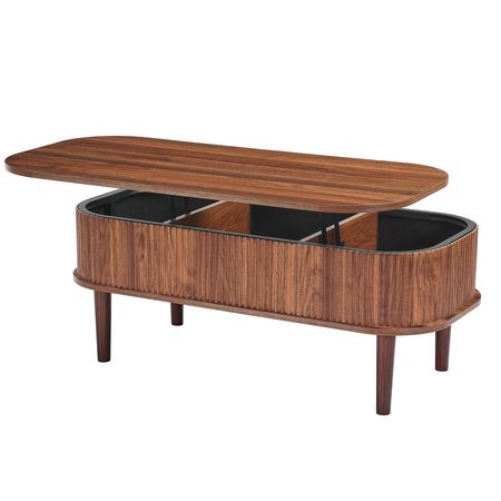 39.4 in Lift Top Coffee Table, Fluted Oval Coffee Table with 3 Hidden Compartment, Mid Century Wooden Oval Center Desk with Storage, Lift Up Tabletop for Home & Office, Easy Assembly, Walnut