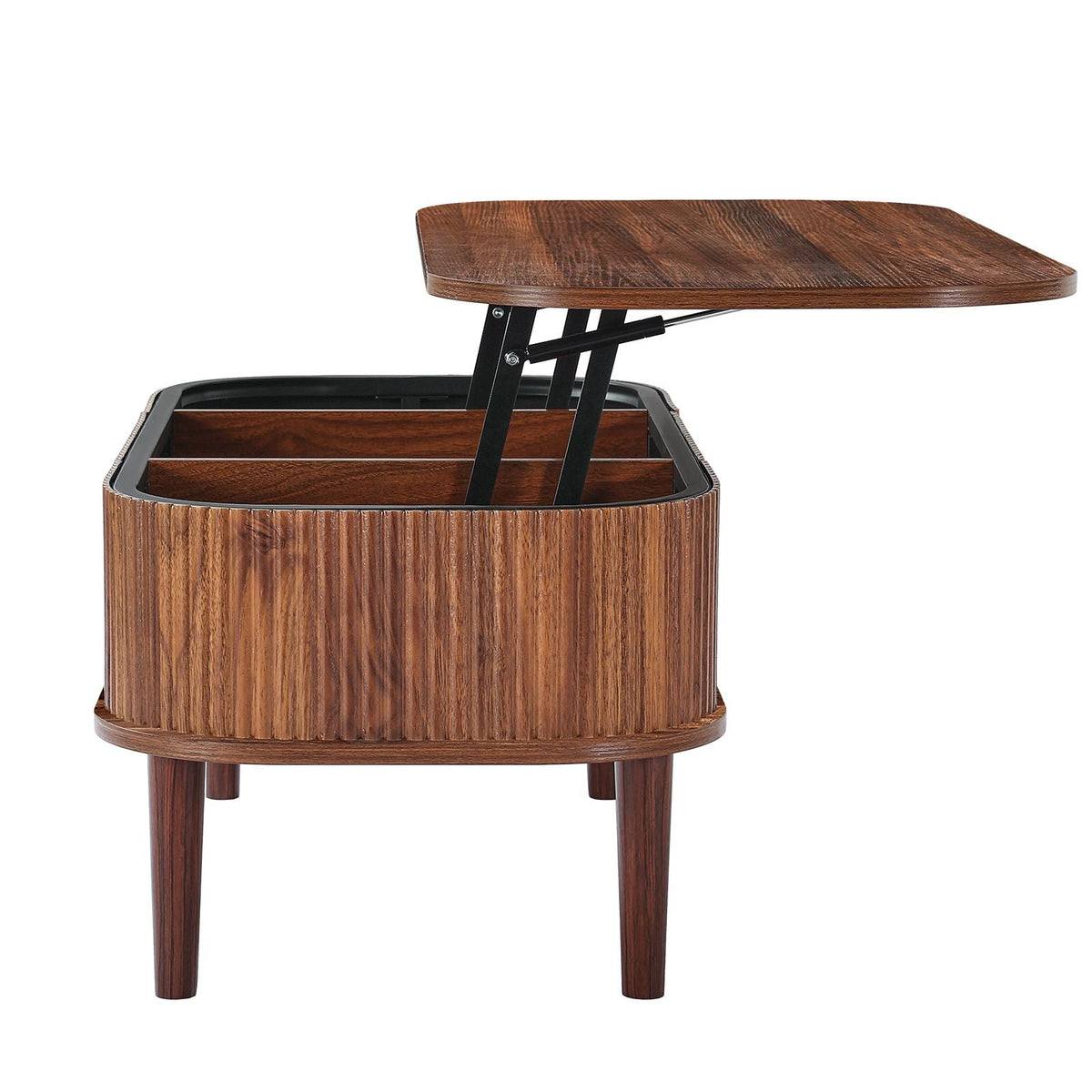 39.4 in Lift Top Coffee Table, Fluted Oval Coffee Table with 3 Hidden Compartment, Mid Century Wooden Oval Center Desk with Storage, Lift Up Tabletop for Home & Office, Easy Assembly, Walnut