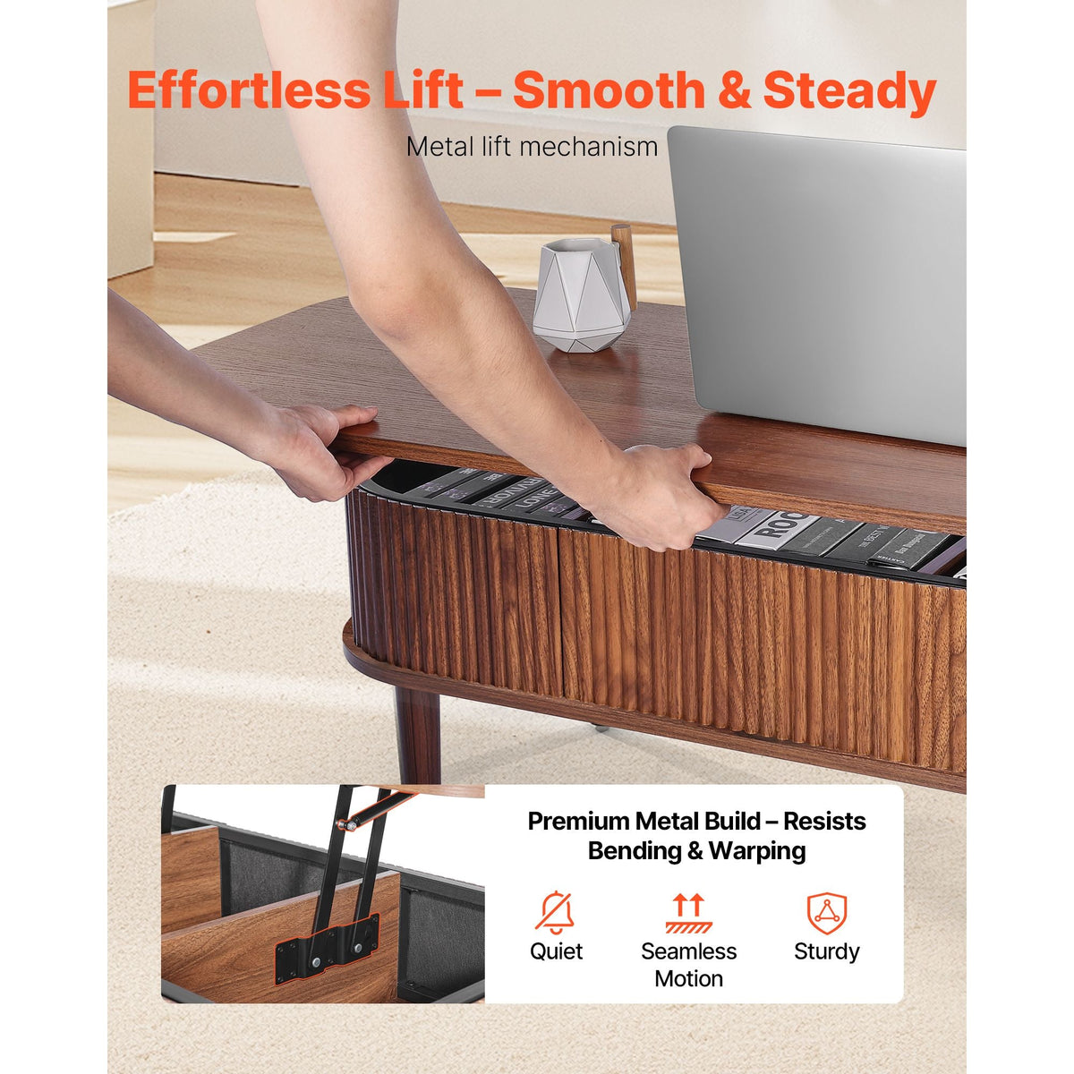 39.4 in Lift Top Coffee Table, Fluted Oval Coffee Table with 3 Hidden Compartment, Mid Century Wooden Oval Center Desk with Storage, Lift Up Tabletop for Home & Office, Easy Assembly, Walnut