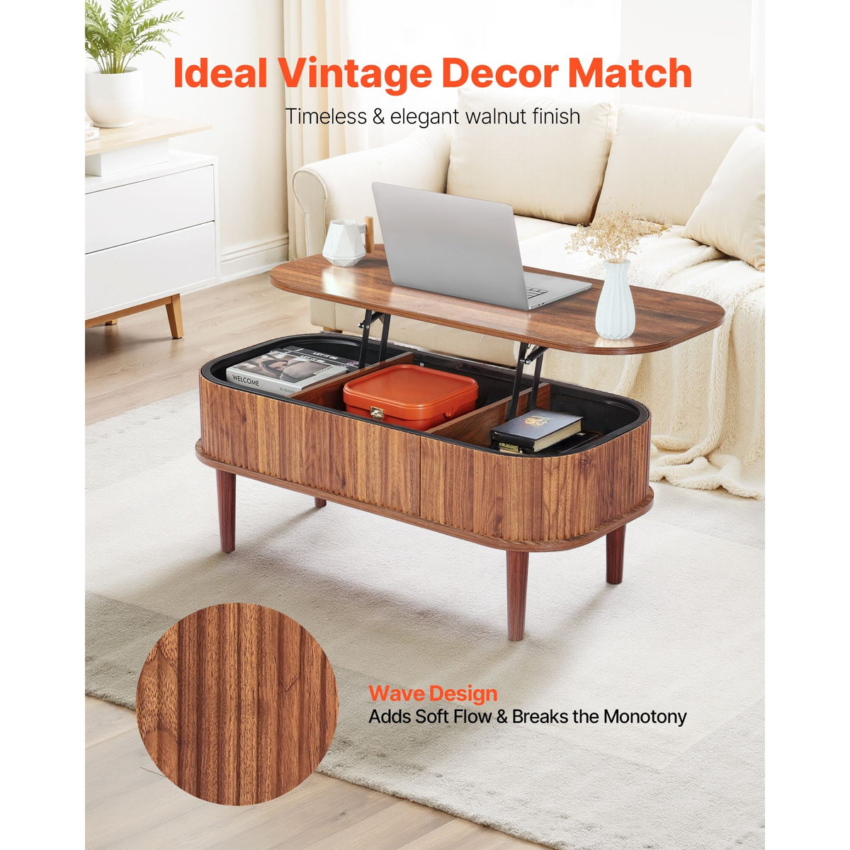 39.4 in Lift Top Coffee Table, Fluted Oval Coffee Table with 3 Hidden Compartment, Mid Century Wooden Oval Center Desk with Storage, Lift Up Tabletop for Home & Office, Easy Assembly, Walnut
