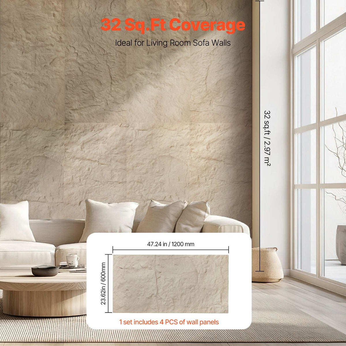 3D Wall Panels, 4 Pack 48 x 24 in PU Natural Stone Imitation Wall Art Tiles, 32 Sq.Ft Coverage Accent Wall Panel, Interior Home Decor for Ceiling, Bedroom, Living & Gaming Room, Stone Yellow
