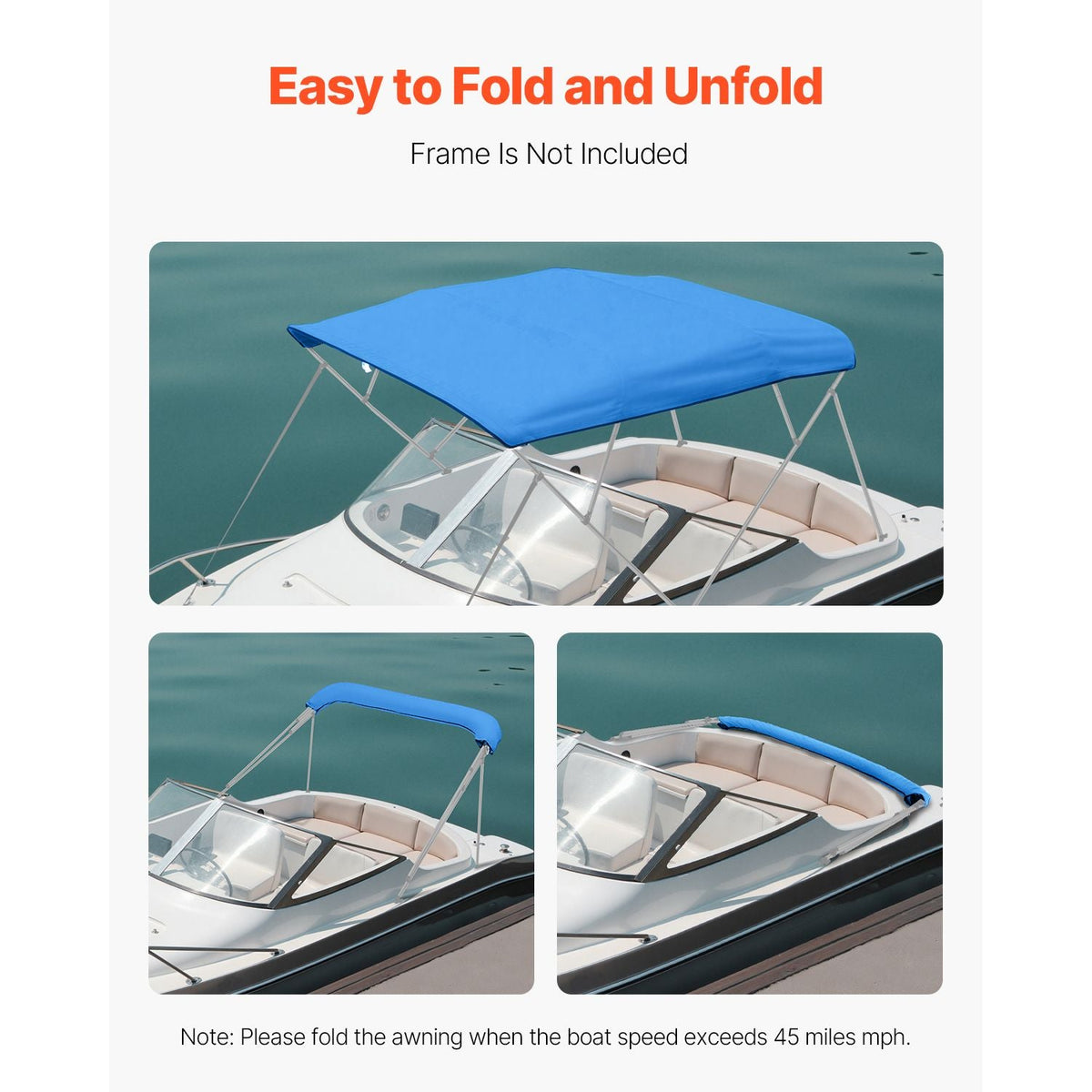 4 Bow Bimini Top Replacement Cover, 8 ft Long Durable 600D Marine Grade Waterproof Sun Shade Boat Canopy with Storage Boot, Easy Install Zipper Sleeve Awning, 96"L x (97"-103")W, Blue (No Frame)