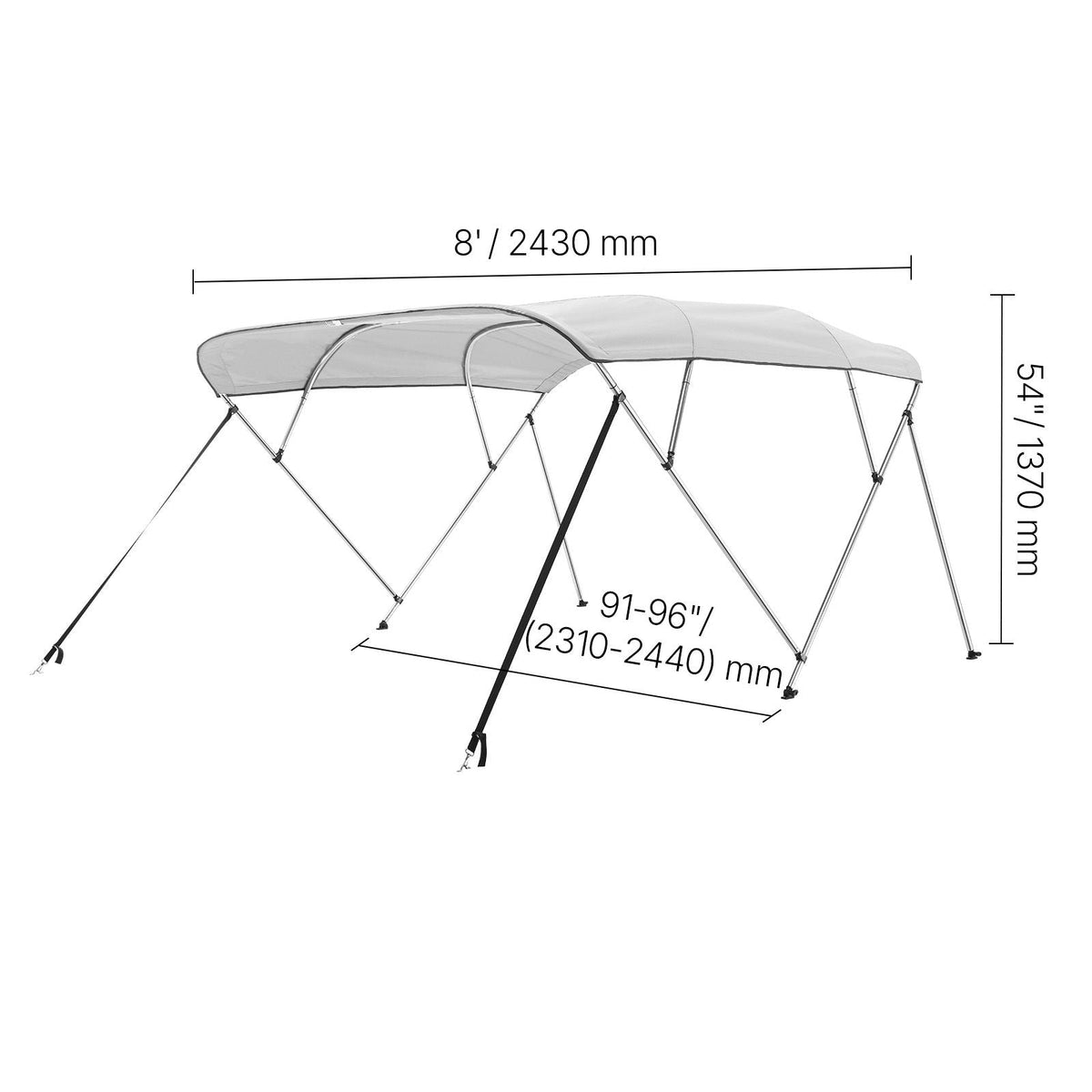 4 Bow Boat Bimini Tops, 600D Polyester Canopy with Aluminum Alloy Frame, Waterproof & Sun Shade Boat Awning Canopy with Storage Bag, 2 Support Poles, 4 Straps, 8'Lx(91"-96")Wx54"H, Light Grey