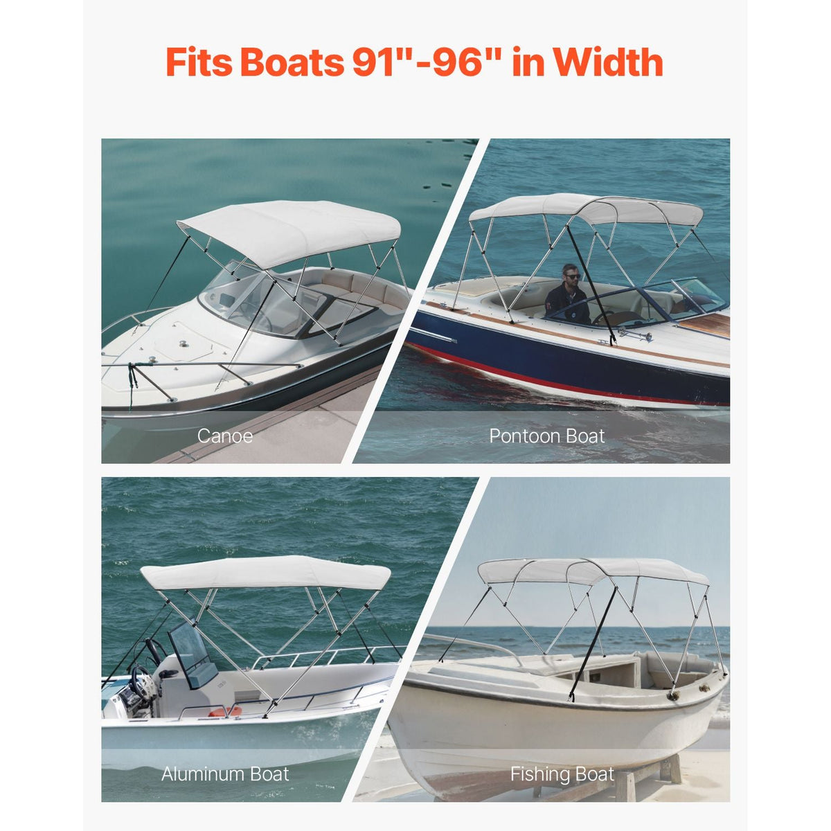 4 Bow Boat Bimini Tops, 600D Polyester Canopy with Aluminum Alloy Frame, Waterproof & Sun Shade Boat Awning Canopy with Storage Bag, 2 Support Poles, 4 Straps, 8'Lx(91"-96")Wx54"H, Light Grey