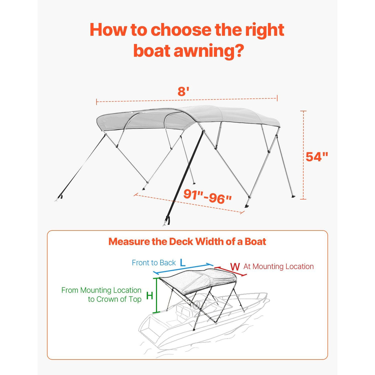 4 Bow Boat Bimini Tops, 600D Polyester Canopy with Aluminum Alloy Frame, Waterproof & Sun Shade Boat Awning Canopy with Storage Bag, 2 Support Poles, 4 Straps, 8'Lx(91"-96")Wx54"H, Light Grey