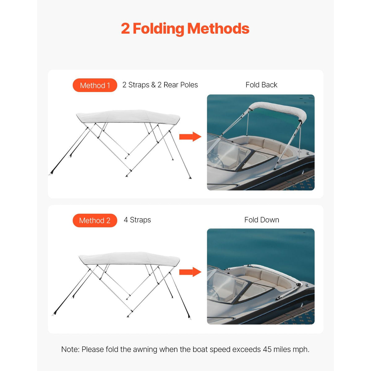 4 Bow Boat Bimini Tops, 600D Polyester Canopy with Aluminum Alloy Frame, Waterproof & Sun Shade Boat Awning Canopy with Storage Bag, 2 Support Poles, 4 Straps, 8'Lx(91"-96")Wx54"H, Light Grey