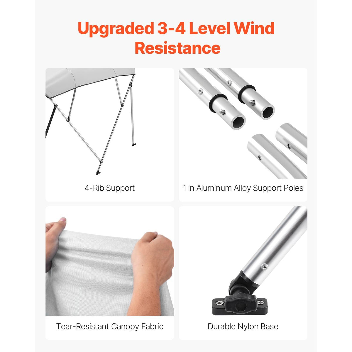 4 Bow Boat Bimini Tops, 600D Polyester Canopy with Aluminum Alloy Frame, Waterproof & Sun Shade Boat Awning Canopy with Storage Bag, 2 Support Poles, 4 Straps, 8'Lx(91"-96")Wx54"H, Light Grey