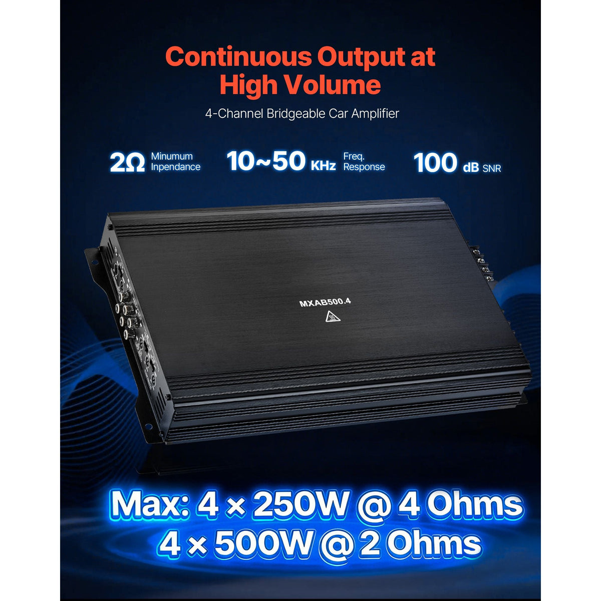 4 Channel Car Audio Amplifier 2 Ohm Stable Bridgeable Class A/B Full Range Amp Max Power 4 x 250W @ 4 Ohm / 4 x 500W @ 2 Ohm for Car SUV Truck Off-Road