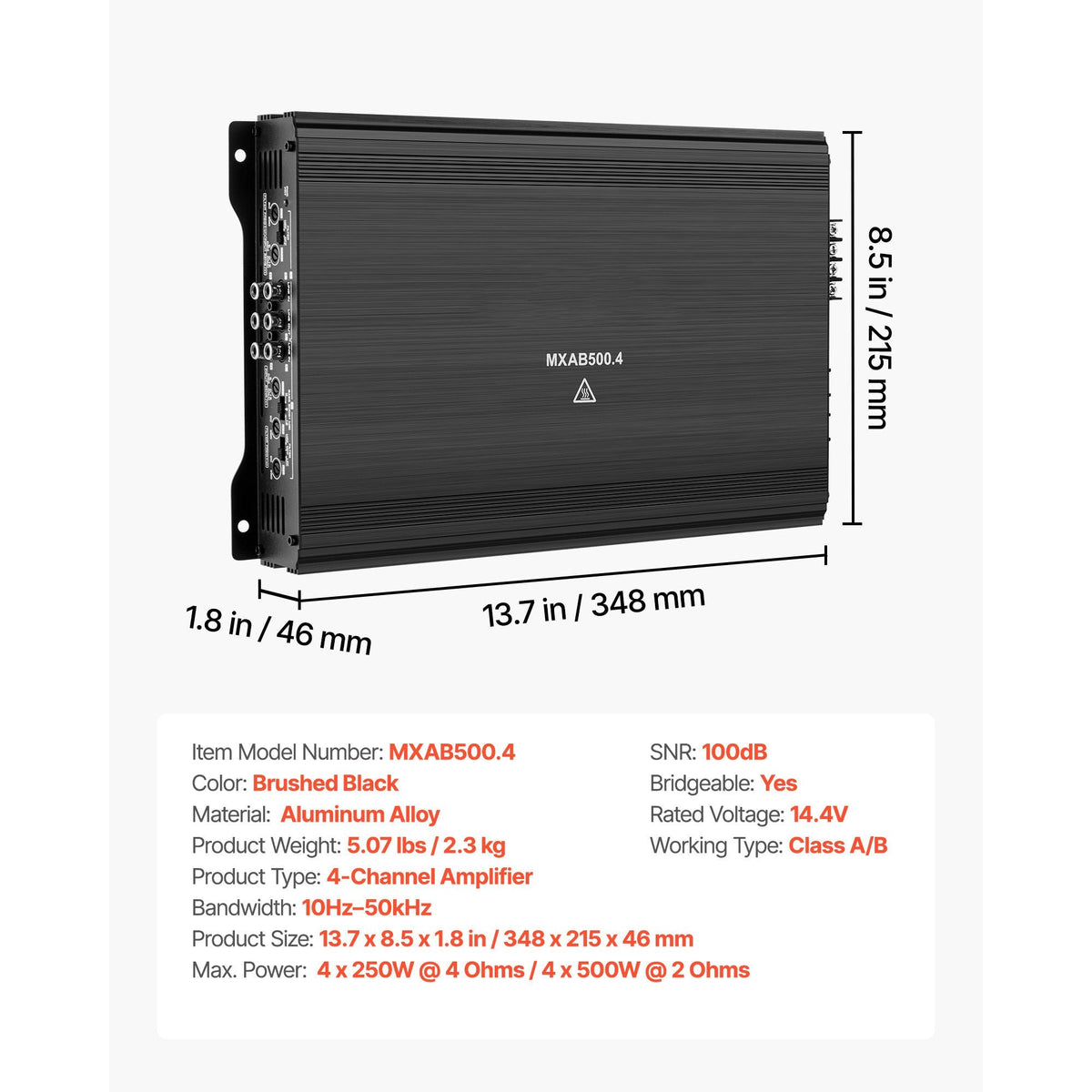4 Channel Car Audio Amplifier 2 Ohm Stable Bridgeable Class A/B Full Range Amp Max Power 4 x 250W @ 4 Ohm / 4 x 500W @ 2 Ohm for Car SUV Truck Off-Road
