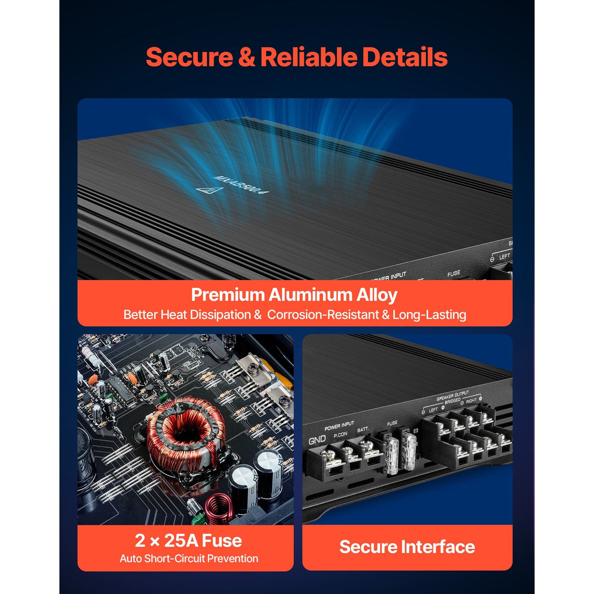 4 Channel Car Audio Amplifier 2 Ohm Stable Bridgeable Class A/B Full Range Amp Max Power 4 x 250W @ 4 Ohm / 4 x 500W @ 2 Ohm for Car SUV Truck Off-Road