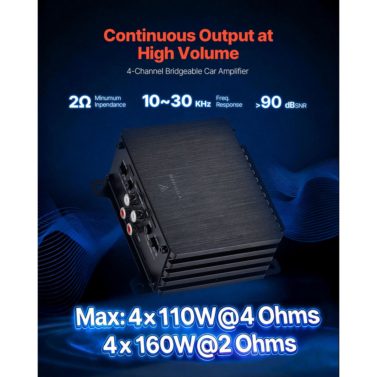 4 Channel Car Audio Amplifier 2 Ohm Stable Bridgeable Class D Full Range Amp Max Power 4 x 110W @ 4 Ohm / 4 x 160W @ 2 Ohm for Car SUV Truck Off-Road