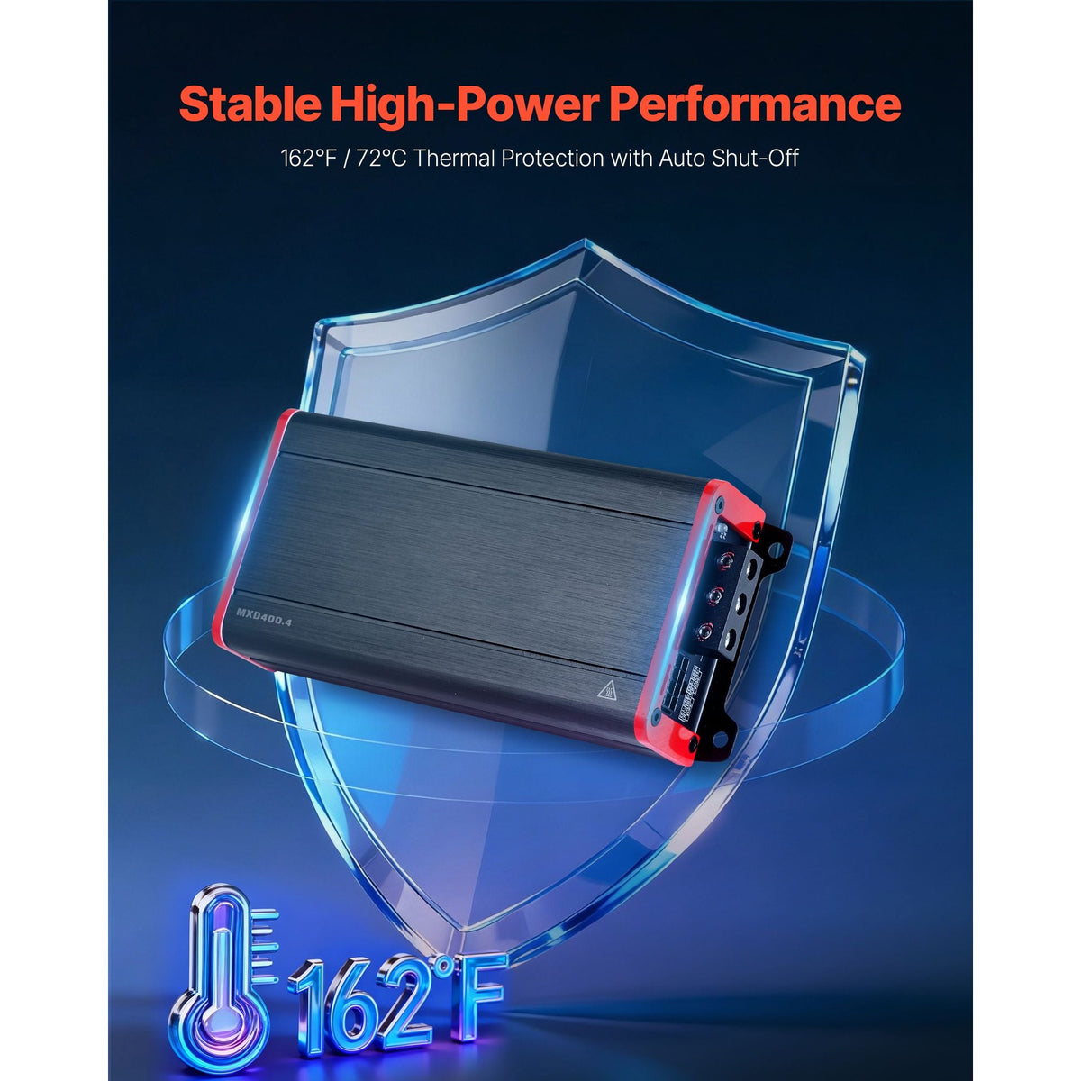 4 Channel Car Audio Amplifier 2 Ohm Stable Bridgeable Class D Full Range Amp Max Power 4 x 272W @ 4 Ohm / 4 x 400W @ 2 Ohm for Car SUV Truck Off-Road