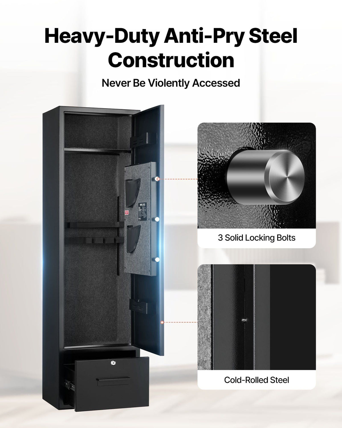 4 Gun Safe, Long Gun Cabinet for Rifles and Pistols, Quick Access Rifle Safe with 2 Ammo Slots, 2 Pistol Pockets & 2 Adjustable Racks, Large Digital Cabinet with Key and Password Lock