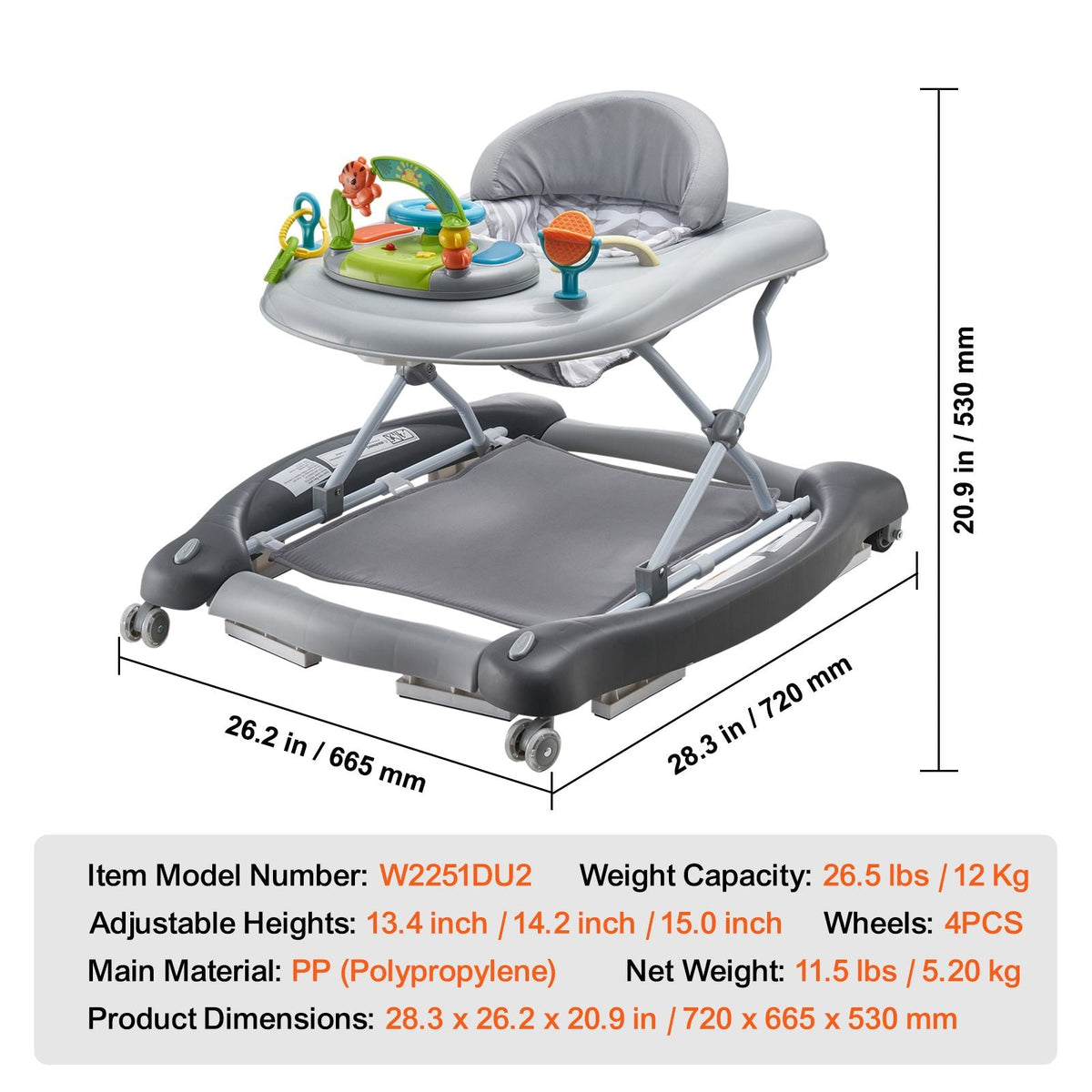 4-in-1 Baby Walker, Foldable Baby Activity Center on Wheels, 3 Adjustable Height, Music & Toys Tray, Learning-Seated | Walk-Behind | Rocker | Bouncer Toddler Walker for Girls Boys 6-24 Months