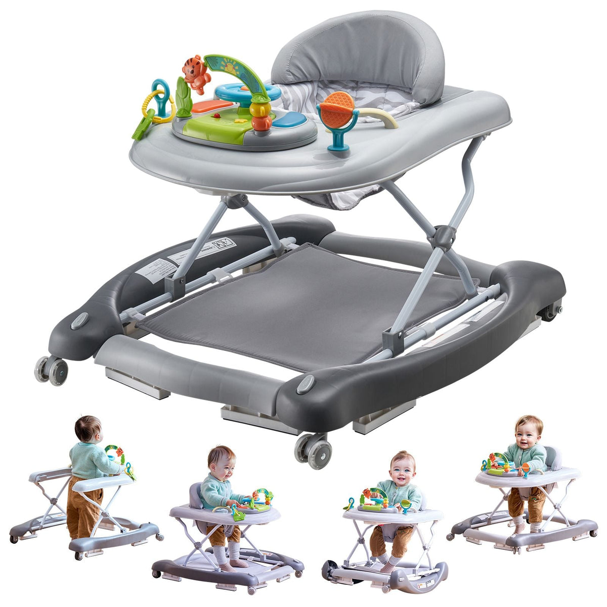 4-in-1 Baby Walker, Foldable Baby Activity Center on Wheels, 3 Adjustable Height, Music & Toys Tray, Learning-Seated | Walk-Behind | Rocker | Bouncer Toddler Walker for Girls Boys 6-24 Months