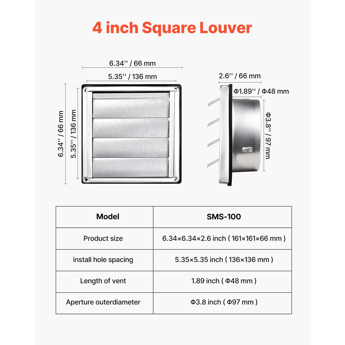 4 inch Wall Vent Cover, Louvered Square AC Vent Gable Cover, Premium Stainless Steel & with Noise Reducing Rubber Gasket, for House,Bathroom,Garage,Kitchen,Basement (1 Pack, Silver)