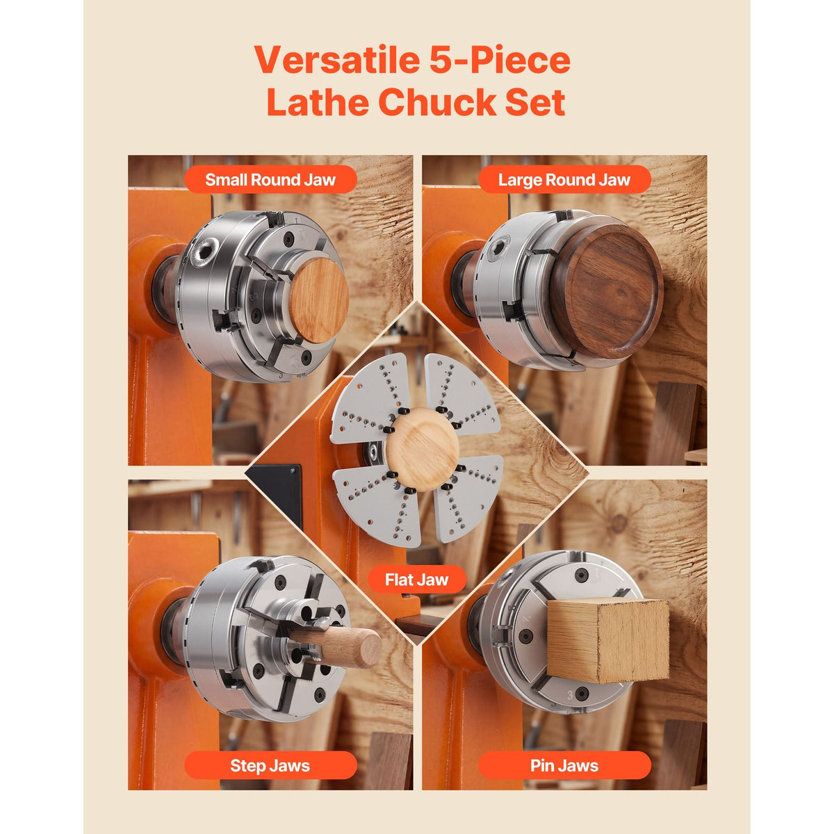 4 Inch Wood Lathe Chuck, 4-Jaw, Self-Centering Wood Turning Chuck Set with 1" x 8TPI Thread & Adapter, 5 PCS Jaws Round/Flat/Step/Pin, Carry Case, Nickel-Plated Finish, for Woodworking Lathe