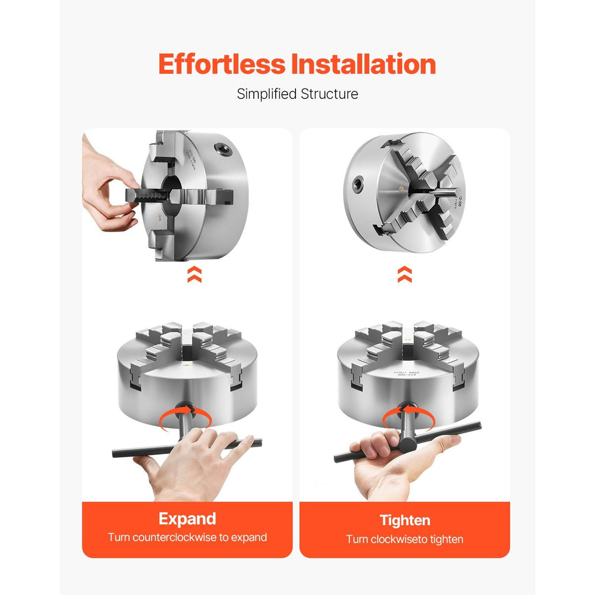 4-Jaw Lathe Chuck, 8 Inch (200 mm), Self-Centering Chuck with 1 1/2 in-8 Threaded Backing Plate, 0.16-7.87 in (4-200 mm) Clamping Range with T-wrench Screws, HT300 Material, for Wood Metal Lathe