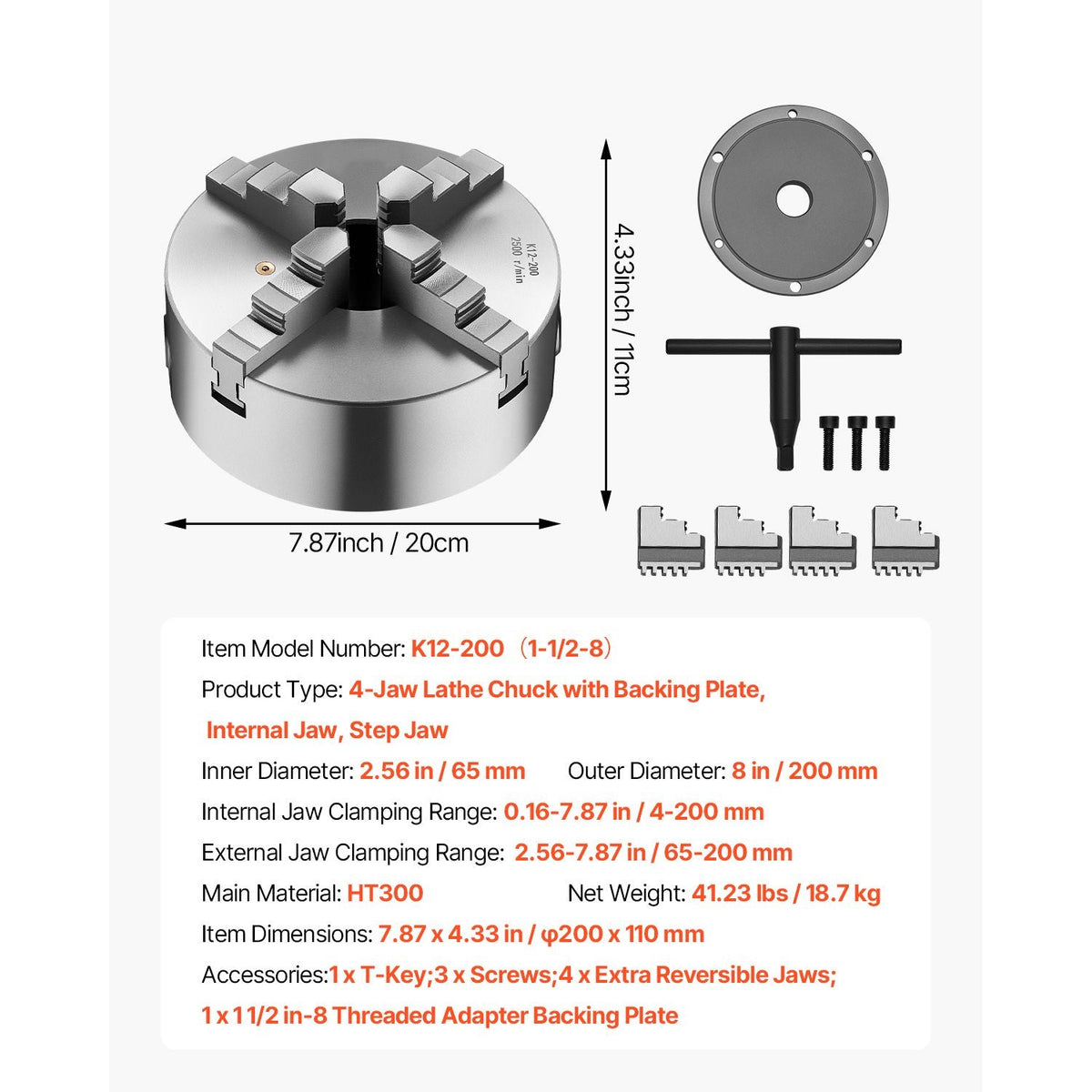 4-Jaw Lathe Chuck, 8 Inch (200 mm), Self-Centering Chuck with 1 1/2 in-8 Threaded Backing Plate, 0.16-7.87 in (4-200 mm) Clamping Range with T-wrench Screws, HT300 Material, for Wood Metal Lathe