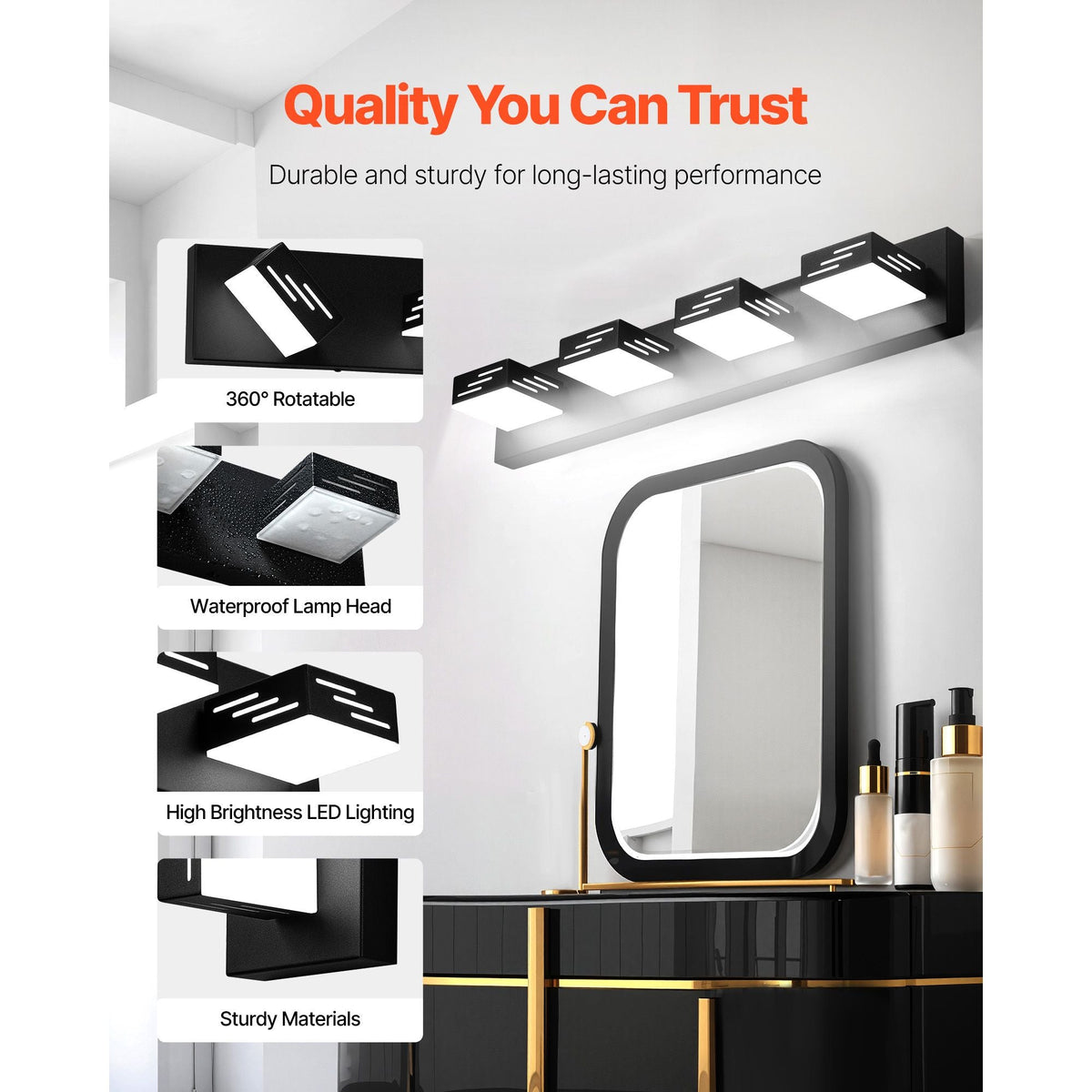 4-Light LED Modern Vanity Light Fixtures, 25.59-Inch, Black Finish Bathroom Wall Lighting Fixture Over Mirror, with IP44 Waterproof, for Bathroom, Living Room, Bedroom, Hallway, Cool White 6000K