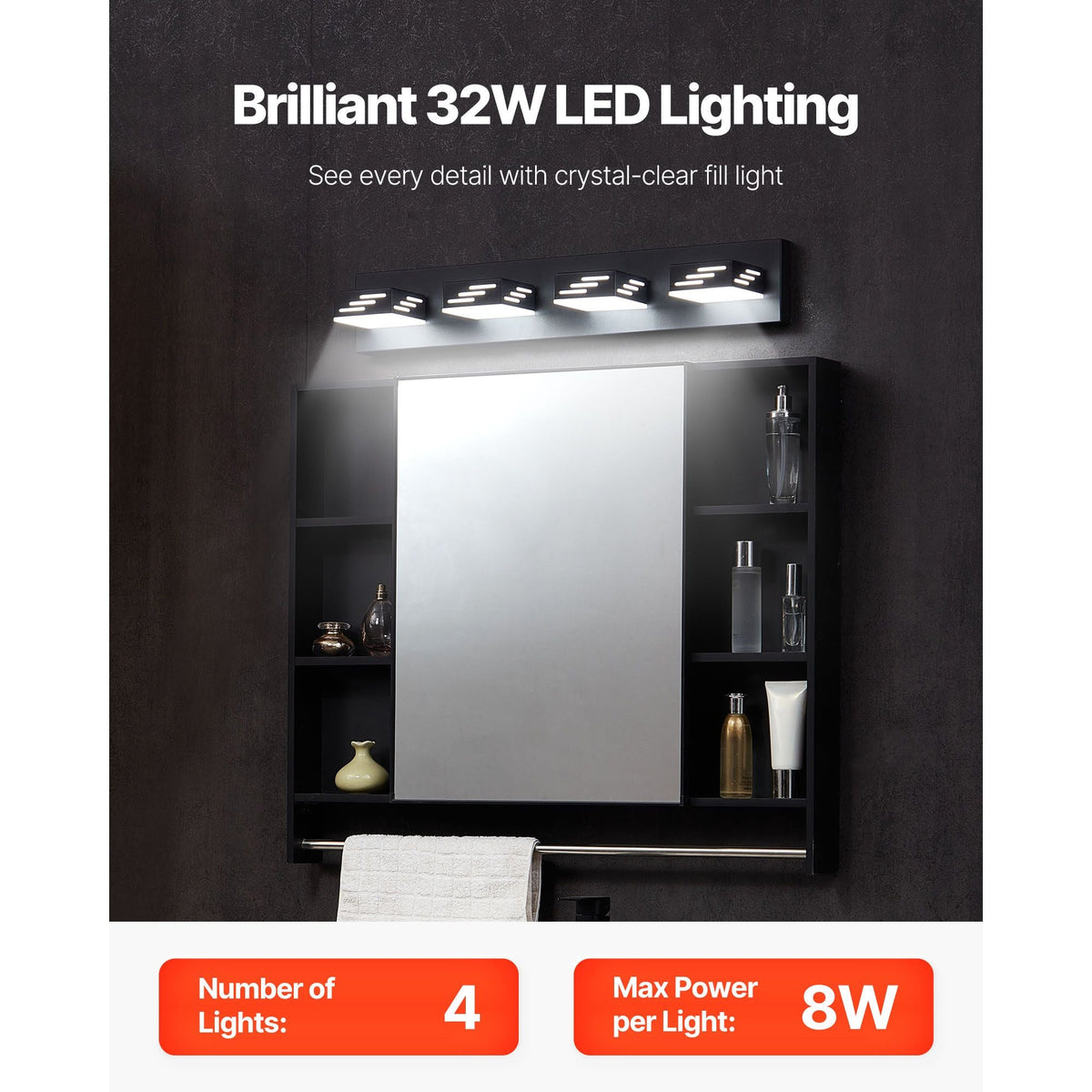 4-Light LED Modern Vanity Light Fixtures, 25.59-Inch, Black Finish Bathroom Wall Lighting Fixture Over Mirror, with IP44 Waterproof, for Bathroom, Living Room, Bedroom, Hallway, Cool White 6000K