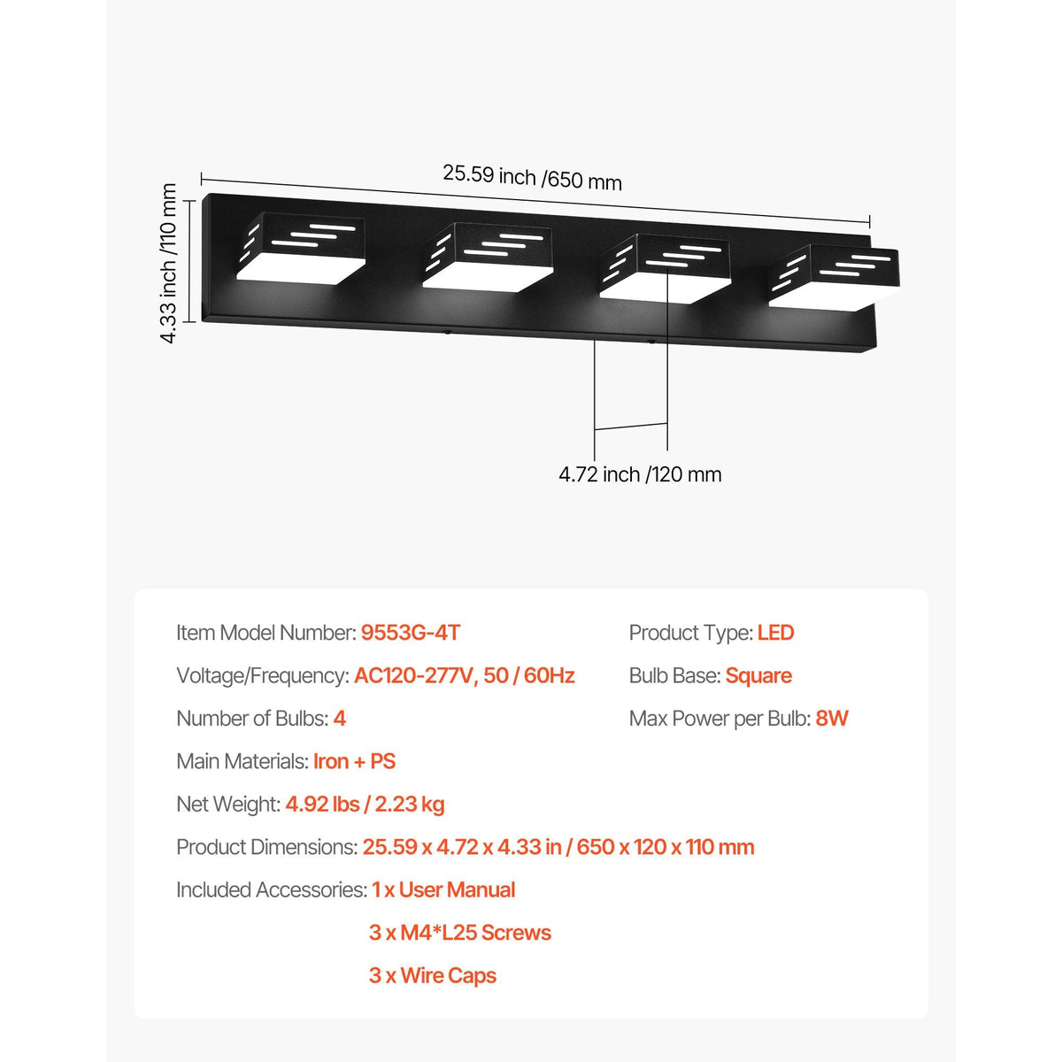 4-Light LED Modern Vanity Light Fixtures, 25.59-Inch, Black Finish Bathroom Wall Lighting Fixture Over Mirror, with IP44 Waterproof, for Bathroom, Living Room, Bedroom, Hallway, Cool White 6000K
